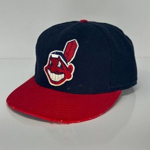 VTG 90s Cleveland Indians Diamond New Era Distressed Fitted Wool Hat 7 1/2